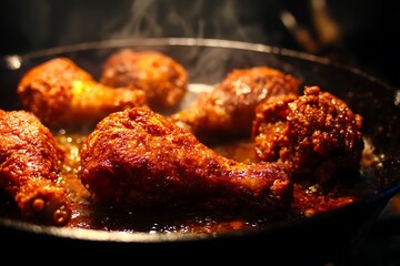 Crispy fried chicken legs in a pan.