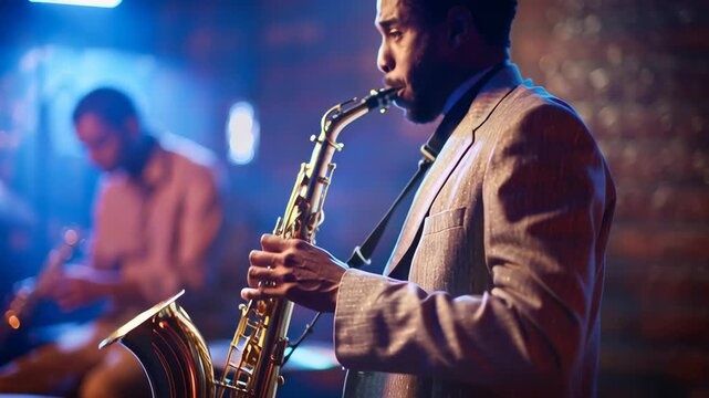 Jazz musicians in a band playing on the stage of a jazz club, hot atmosphere