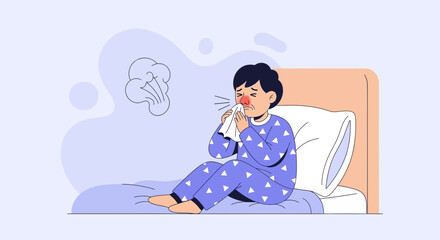 Boy Suffering With Cold Symptoms Sits On The Bed In Pajamas Blowing His Nose