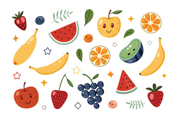 Whimsical Fruit Medley: An assortment of vibrantly illustrated fruits, each with a unique expression, playfully arranged. This delightful collection of fruits evokes a sense of joy, vitality.