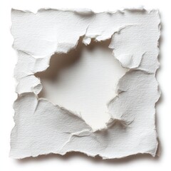 Square of torn white paper with a circular hole