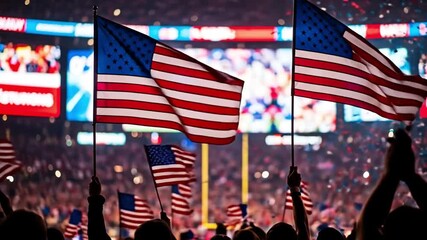 American sports fans waving the national flag in a crowded stadium during a championship game - Powered by Adobe
