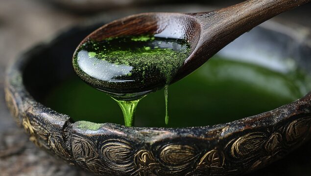 Green liquid drips from wooden spoon into ornate bowl