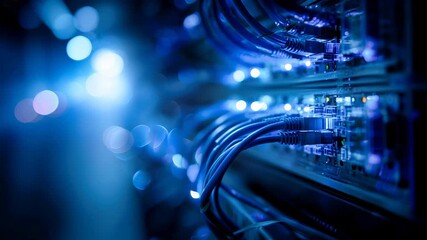 A network switch with glowing blue data cables in an internet server room - Powered by Adobe