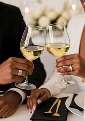 Man and woman making a toast with white wine, their hands holding glasses close. Concept of celebration, partnership, or anniversary.