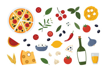 Pizza and Italian Cuisine Components: An appetizing illustration of Italian culinary essentials, a visual feast of authentic ingredients for a variety of delicious food