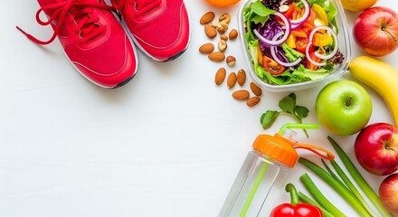 Healthy lifestyle flat lay with red running shoes and fresh food