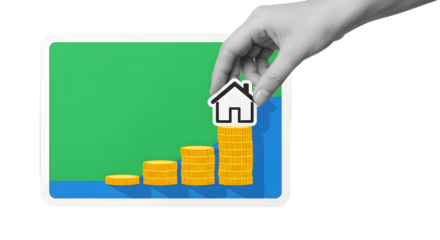 Investing in Dreams: Hand Places House Icon on Growing Coin Stacks for Future Security.