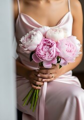 Woman in a pink satin dress holding a lush bouquet of pink and white peonies, perfect for wedding, engagement, or special event.