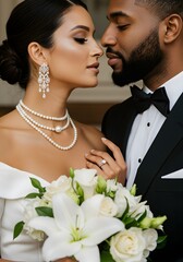 Woman and man facing each other in intimate moment, wedding portrait symbolizing love and commitment, celebration for marriage.