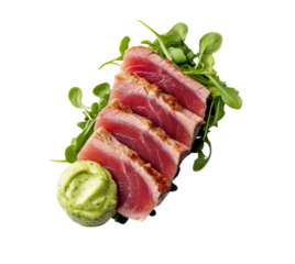 Deliciously prepared sliced seared tuna with fresh greens and avocado wasabi sauce transparent background