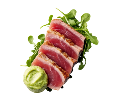 Deliciously prepared sliced seared tuna with fresh greens and avocado wasabi sauce transparent background