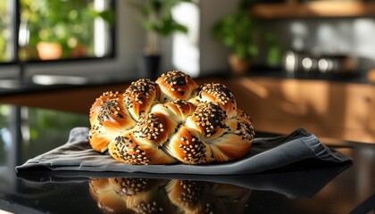Traditional braided challah bread on kitchen counter with copy space