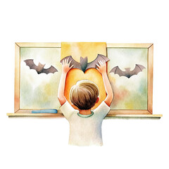 student hanging drawing on wall with bat silhouette cutout for halloween classroom decoration. isolated watercolor sticker, for print, sticker