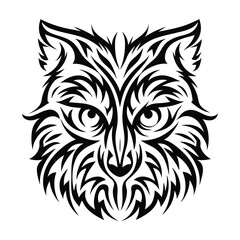 Intricate tribal lynx face black and white pattern shows intense gaze with sharp design