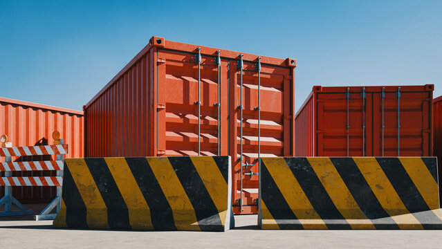 Trade Barrier Concept with Blocked Shipping Containers. 3d rendering