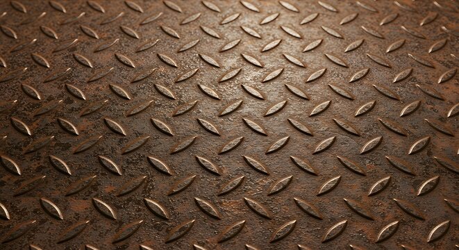 A detailed close-up of a weathered, rusty brown diamond plate metal surface with a non-slip textured pattern. - Powered by Adobe