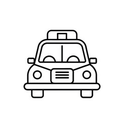 Simple black and white line art icon of a police car A minimalist, front-facing line drawing of a police car with a light bar on top. The icon is rendered in bold black lines on a white background.