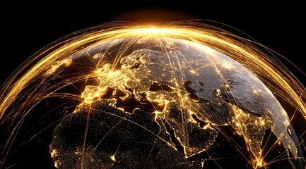 Global network, glowing Earth, intricate connections.  Golden lines radiating from a transparent globe, mapping city lights and international routes