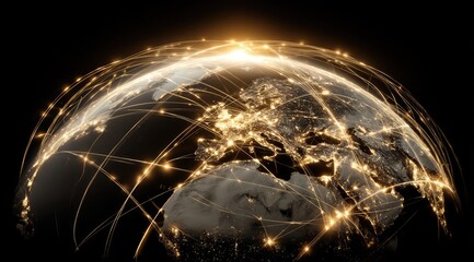 Global network, illuminated Earth.  Golden lines connect continents, dotted with glowing points, against a black backdrop