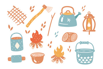 Camping Essentials Illustration: A collection of hand-drawn illustrations of camping essentials, capturing the spirit of outdoor adventures and exploration.