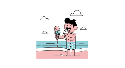 Cartoon Boy Enjoying Ice Cream Cones At The Beach During Summer Holiday