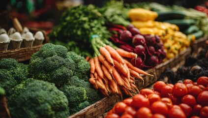 Fresh produce at a market stall.  Close-up view of colorful vegetables and eggs.  Broccoli, carrots, tomatoes, beets, and yellow squash