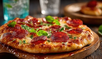 Close-up of a pizza with salami and basil