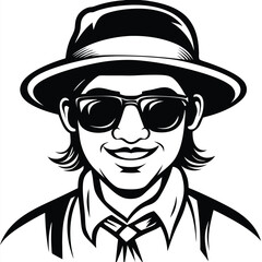 A cheerful man wearing sunglasses and fedora hat smiles broadly in monochrome