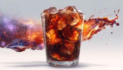 A glass of cola with ice, splashing,  against a backdrop of cosmic nebulae