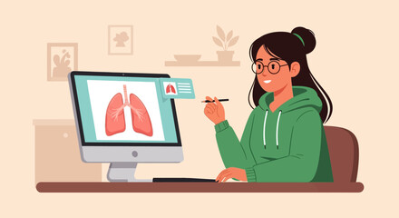 A young woman wearing glasses and a green hoodie studies human lungs on a computer monitor, holding a stylus in a medical education or healthcare context.