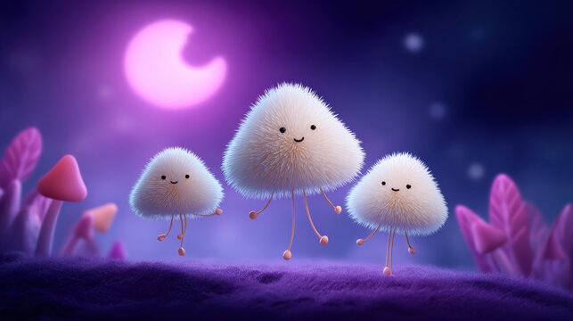 Cute animated virus characters with soft fuzzy texture smiling happily under purple moonlight in fantasy landscape