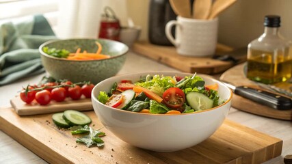 Fresh vegetable salad in a bowl on wooden kitchen countertop  
