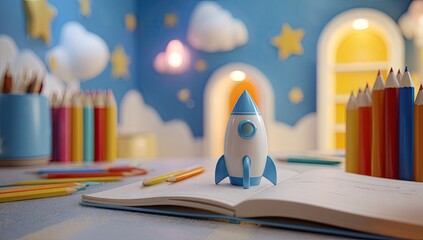 A small rocket rests on an open notebook amidst colorful pencils in a whimsical children's room