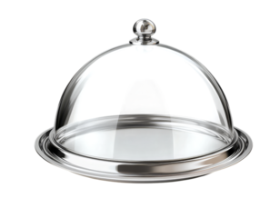 Elegant silver covered serving tray with glass dome for fine dining and presentation transparent background