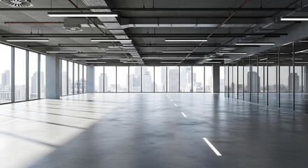 Empty Big Office Space With Polished Concrete Floors, Exposed Ceiling Beams and Floor-To-Ceiling Windows Overlooking City Skyline View