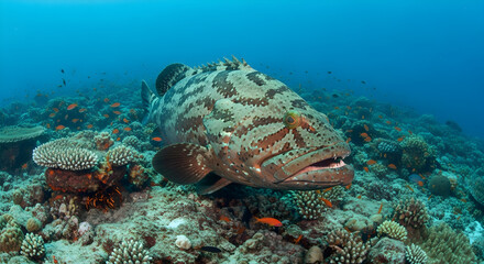Enormous Grouper Fish Resting Near Rocky Ocean Floor With Hidden Crabs and Bright Coral All Around