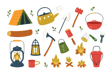 Camping Gear Essentials: A collection of meticulously illustrated camping essentials, perfect for outdoor adventures and travel experiences, arranged in a vibrant, hand-drawn style. 