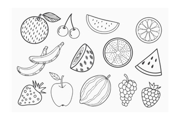 Variety of Fruits: An artistic arrangement showcases an array of fruits in captivating black and white outline, offering a versatile and clean visual for creative projects.
