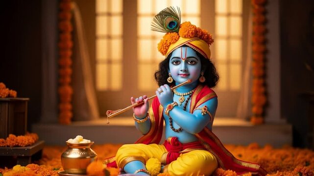 Enchanting Baby Krishna Plays Flute Amidst Vibrant Marigold Flowers and Festive Decorations