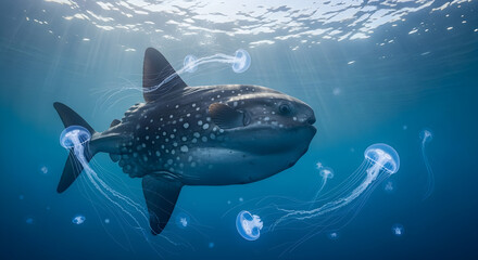 Gigantic Ocean Sunfish Floating Near Surface Surrounded by Jellyfish, Tiny Fish, and Beams of Light Penetrating Water