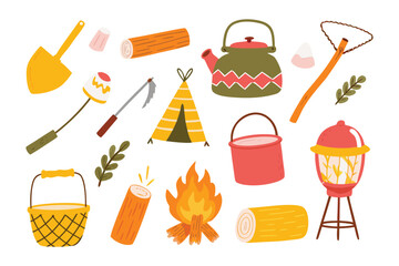 Camping essentials on illustration: A collection of camping essentials, presented in a vibrant illustration, beckons to a wilderness adventure or a relaxing stay.