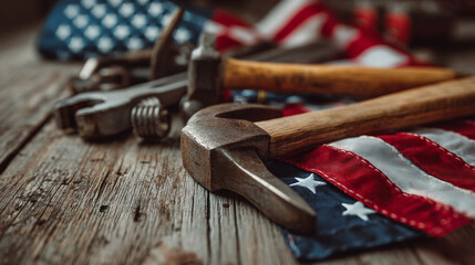 Tools and american flag on wooden surface celebrating labor day concept view