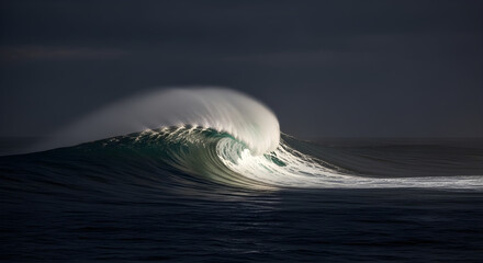 Huge Ocean Wave With Snowy White Crest Against Deep Midnight Blue Waters Under Full Moonlight, Calm But Ominous Vibe