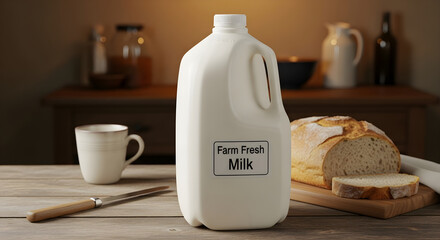 Large One-Gallon Milk Jug With Label Sitting on Vintage Wooden Kitchen Table Beside Fresh Bread and Ceramic Cup