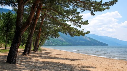 Serene Lakeside Beach Scene with Pine Trees and Mountains
