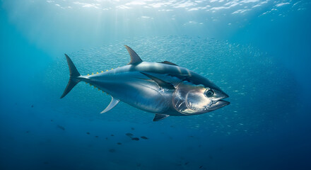 Massive Bluefin Tuna Swimming Gracefully Through Deep Blue Ocean Surrounded by Shafts of Light and Small Fish Swarms