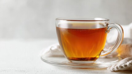  Clear glass of apple cider in minimalist style, clean white table emphasizes autumn hues.