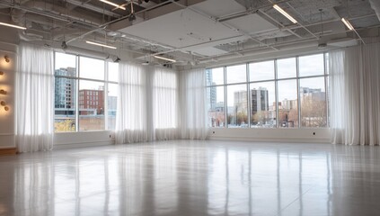 Bright, spacious room with large windows offering city views and sheer curtains