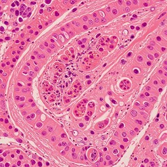 inflamed colon lining, showcasing disrupted epithelium, increased immune cell infiltration, and visible signs of inflammation, contrasting with healthy tissue.